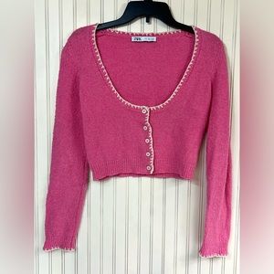 Zara Button Front Pink Beige Sweater Women's Medium Scoop Neck Cardigan Crop Top